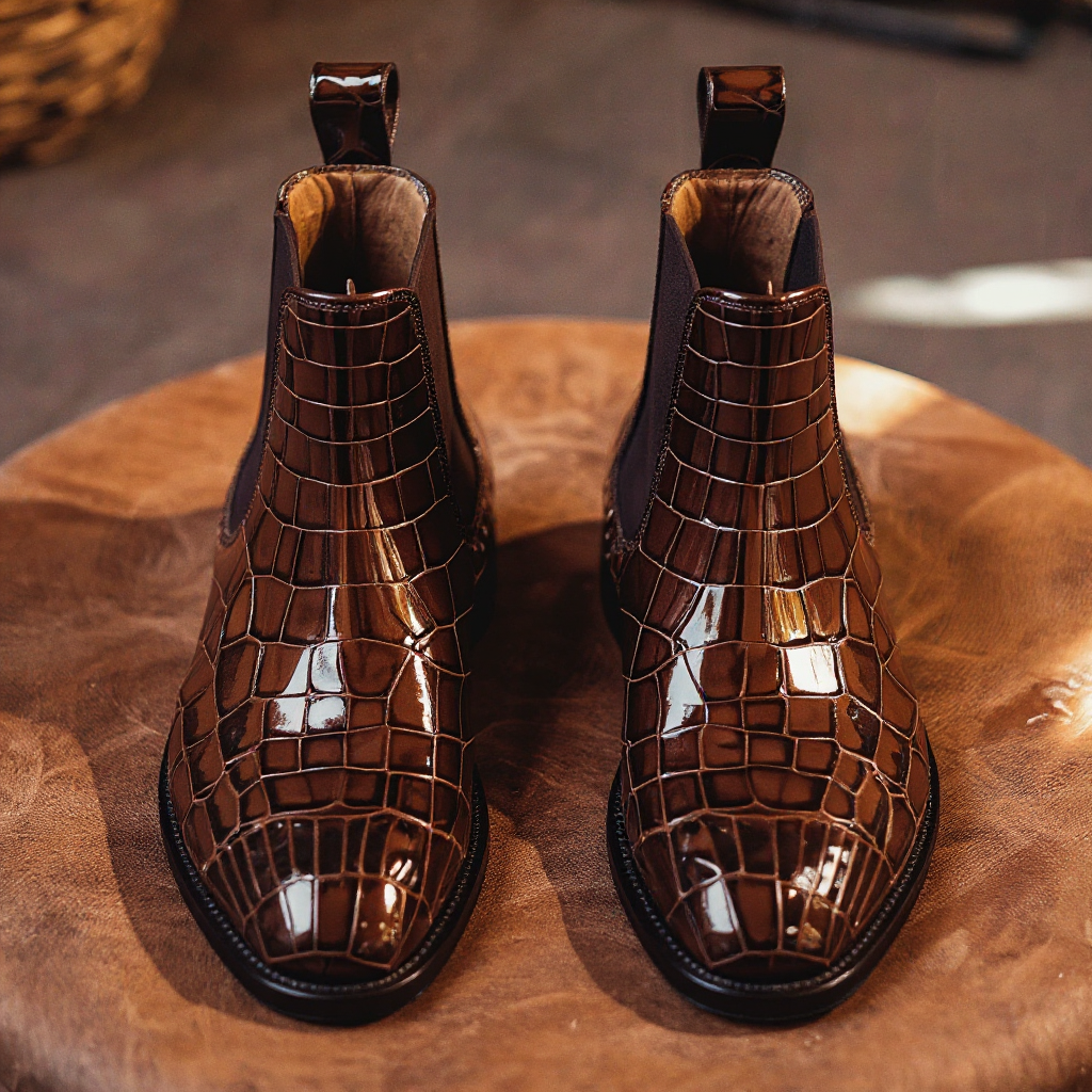 Brown Croc Print Leather Orlando Slip On Chelsea Boots