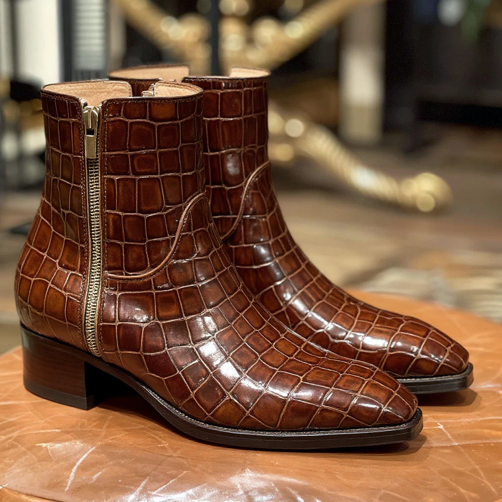 Brown Croc Print Leather Rocco Slip On Zipper Boots