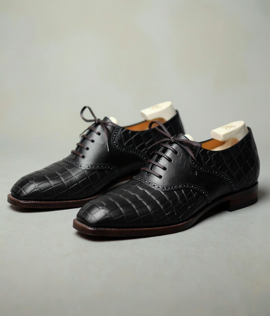 Black Croc Print Leather Elowen Brogue Oxfords - Formal Shoes - SS23