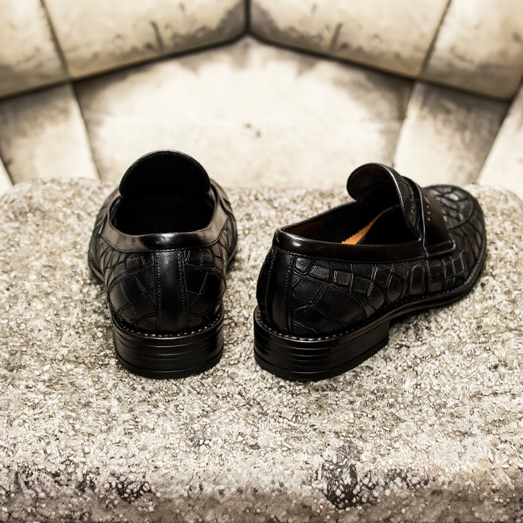 Black Crocodile Print Leather Holroyd Slip On Penny Loafers