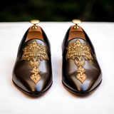 Brown Leather Embroidery Work Peshawari Loafers | Wedding Shoes for Groom | Shoes for Haldi Mehendi Sangeet - Wedding Essentials