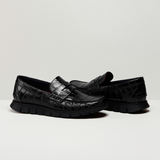 Black Croc Print Leather Evarado Penny Loafers with Black Hybrid Sole - SS23