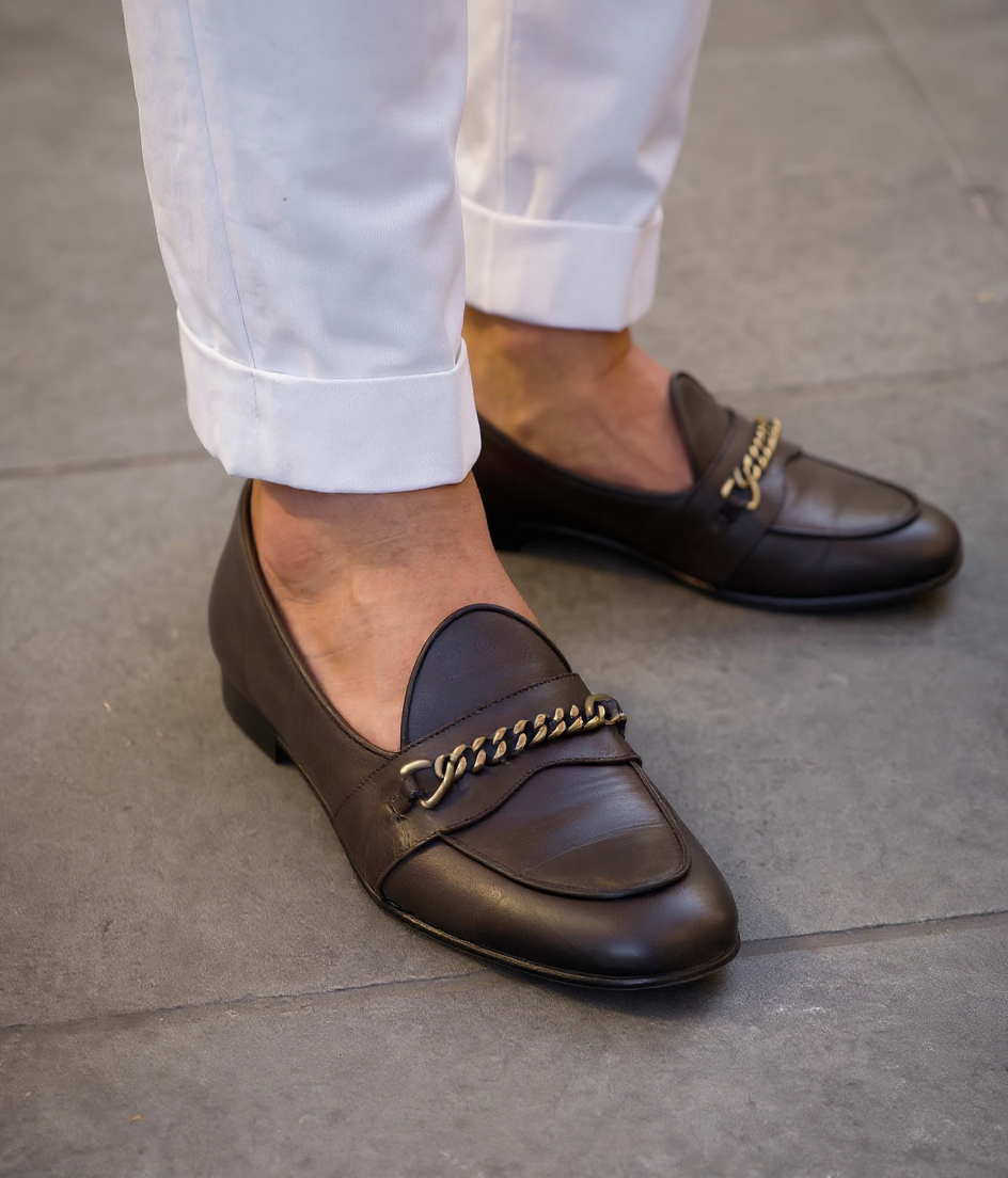 Brown Leather Guida Loafers With Chain