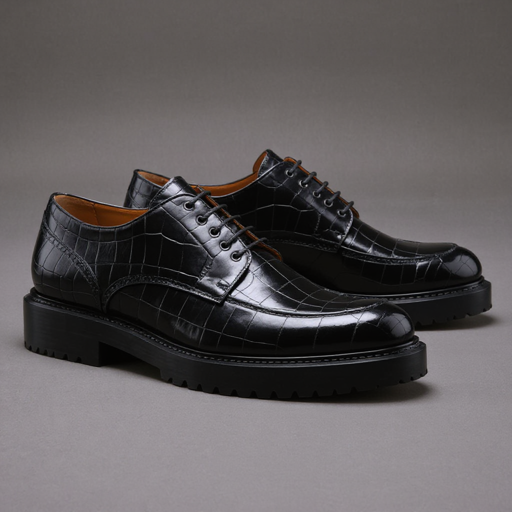 Black Croc Print Leather Orion Chunky Derby Shoes - SS23