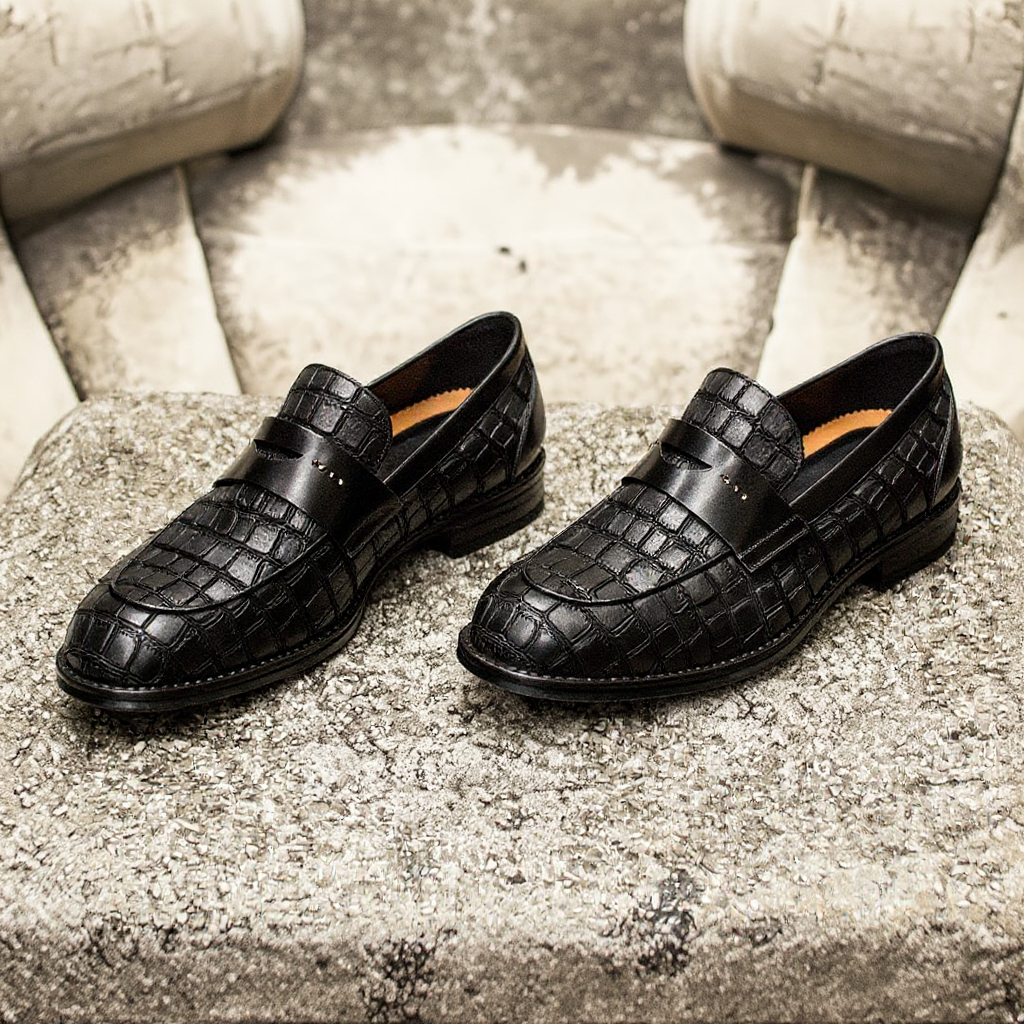 Black Crocodile Print Leather Holroyd Slip On Penny Loafers – Costoso ...