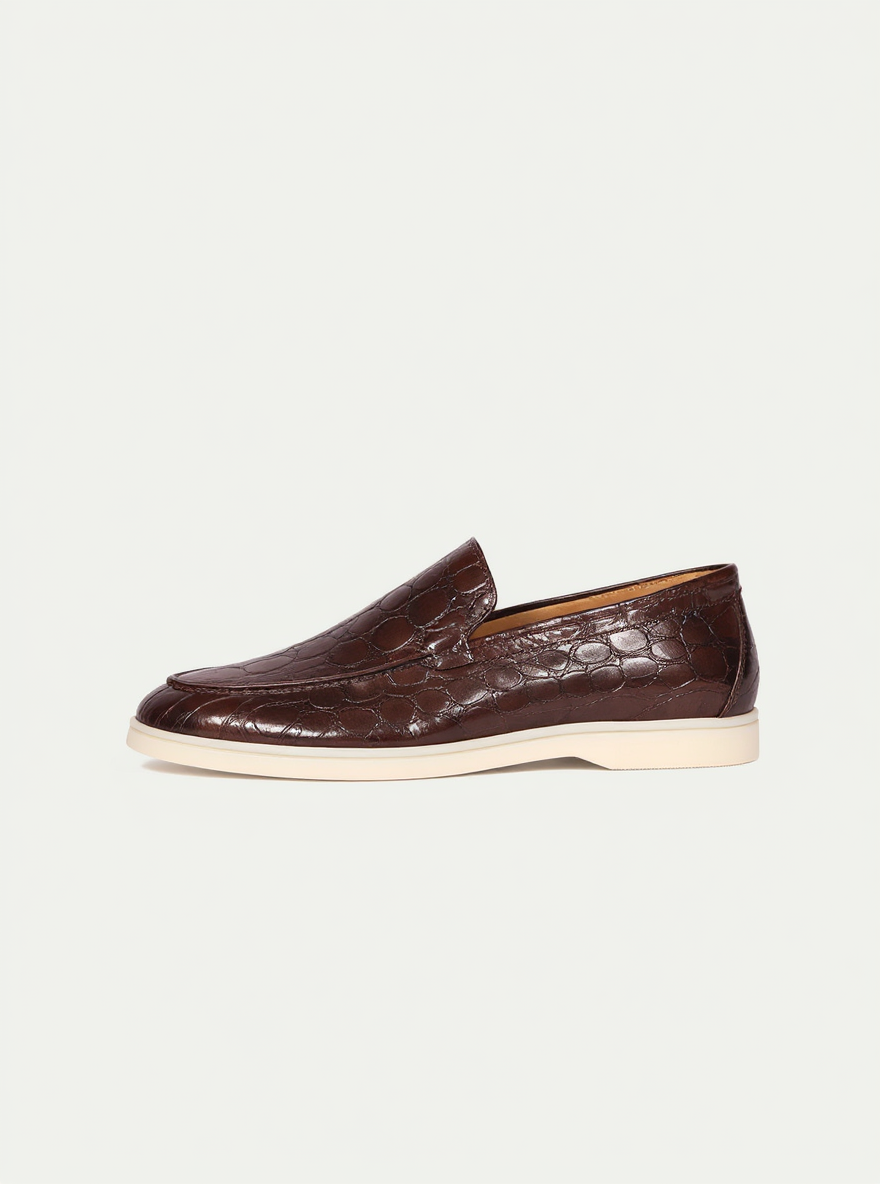 Brown Croc Print Leather Dameo Yatch Loafers with White Soles - Summer 2024 Collection - ITALIAN AW26