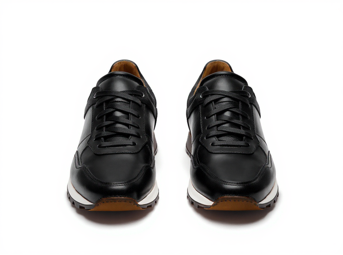 Black Leather Nausori Lace Up Running Sneaker Shoes
