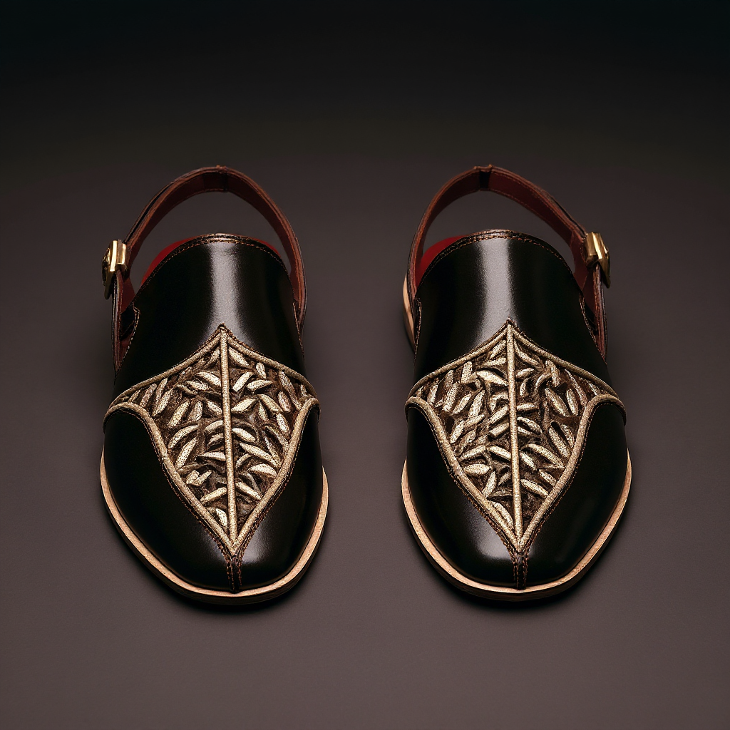 Black Leather Hand Work Zardozi Peshawari Loafers | Wedding Shoes for Groom | Shoes for Haldi Mehendi Sangeet - Wedding Essentials