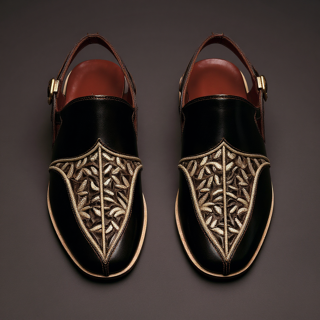Black Leather Hand Work Zardozi Peshawari Loafers | Wedding Shoes for Groom | Shoes for Haldi Mehendi Sangeet - Wedding Essentials