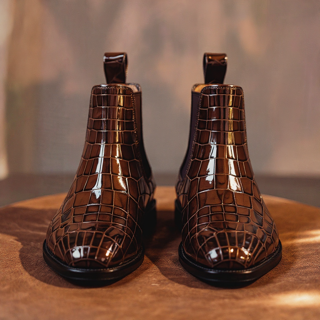 Brown Croc Print Leather Orlando Slip On Chelsea Boots