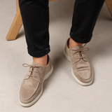 Height Increasing Light Grey Suede Leather Dameo Derby Shoes with White Sole - Summer 2024 Collection -ITALIAN AW26