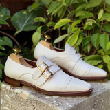 White Leather Classic Supreme Monk Straps Shoes