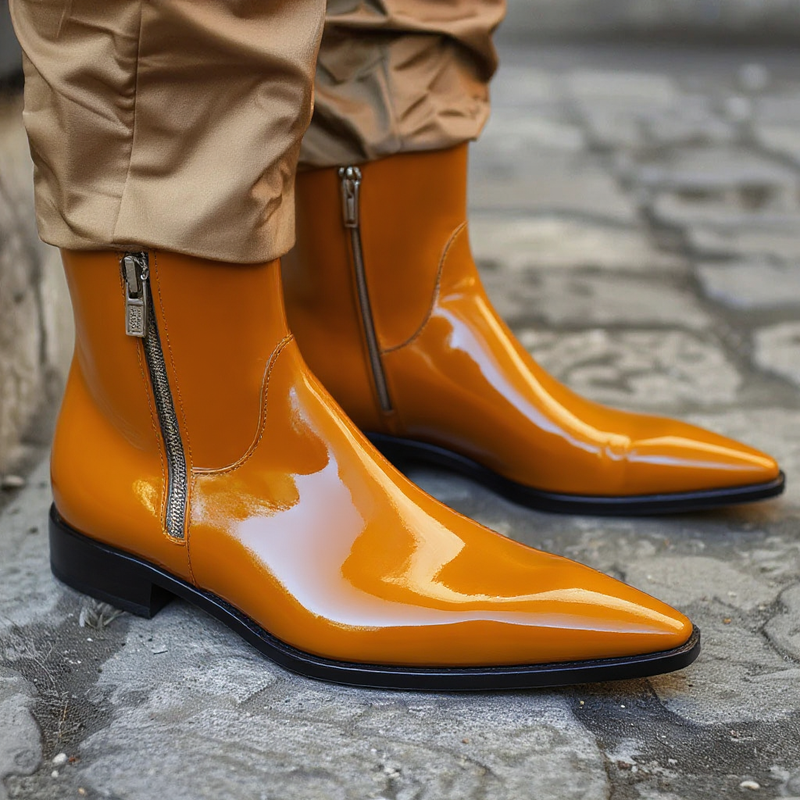 Tan Shiny Patent Leather Gaspare Slip-On Pointed Zipper Boots