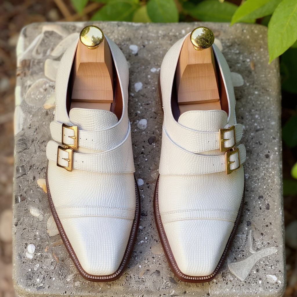 White Leather Classic Supreme Monk Straps Shoes