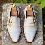 White Leather Classic Supreme Monk Straps Shoes