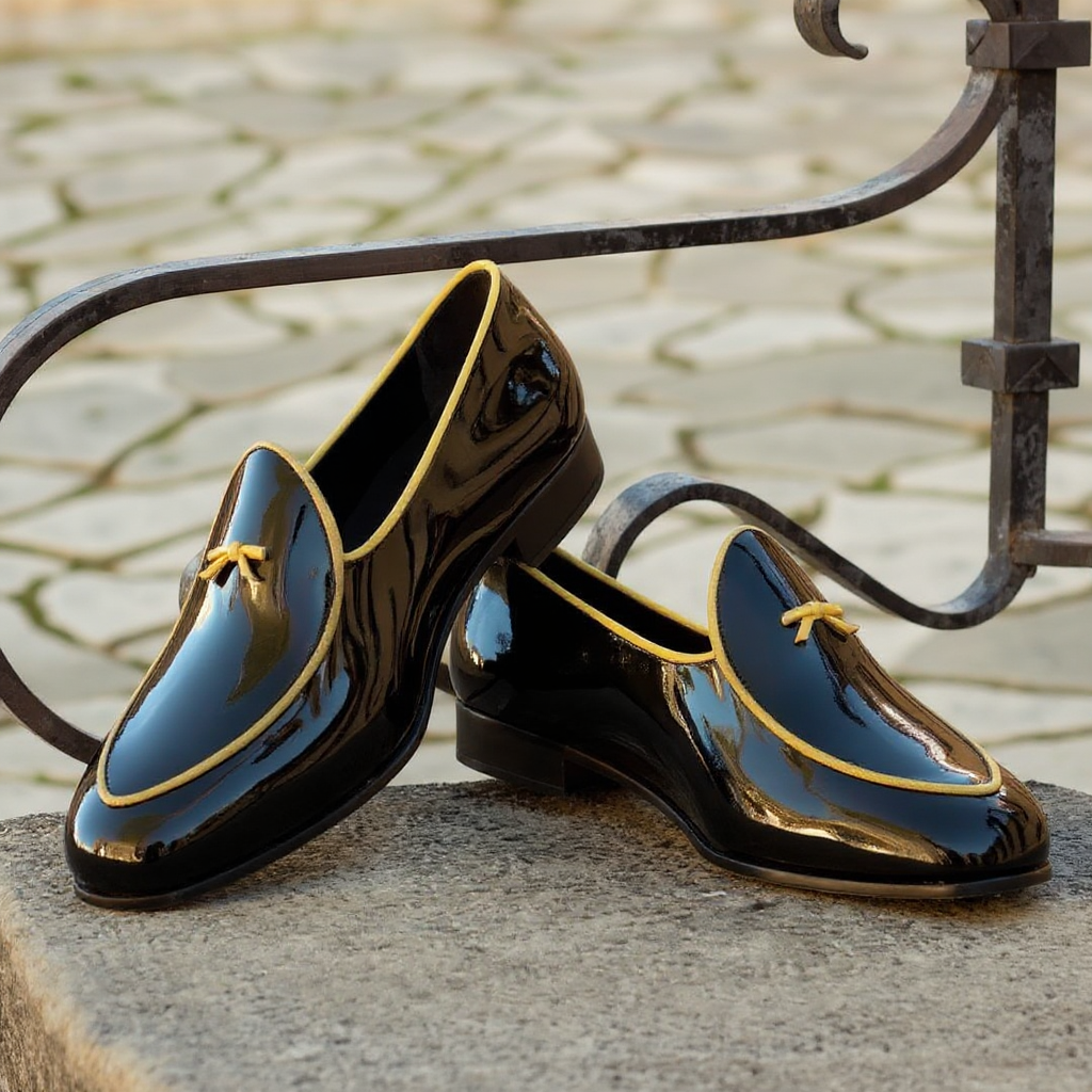 Black Shiny Patent Leather with Yellow Highlights Lismore Slip On Loafers
