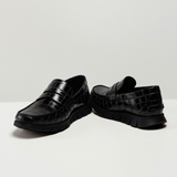 Black Croc Print Leather Evarado Penny Loafers with Black Hybrid Sole - SS23