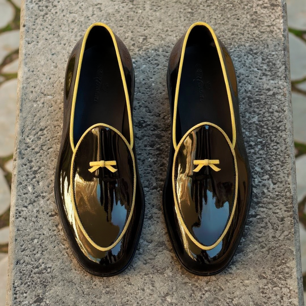 Black Shiny Patent Leather with Yellow Highlights Lismore Slip On Loafers