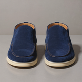 Height Increasing Navy Blue Leather Lusso Slip On Yatch Half Boots with White Soles - Summer 2024 Collection - ITALIAN AW26