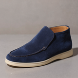 Height Increasing Navy Blue Leather Lusso Slip On Yatch Half Boots with White Soles - Summer 2024 Collection - ITALIAN AW26