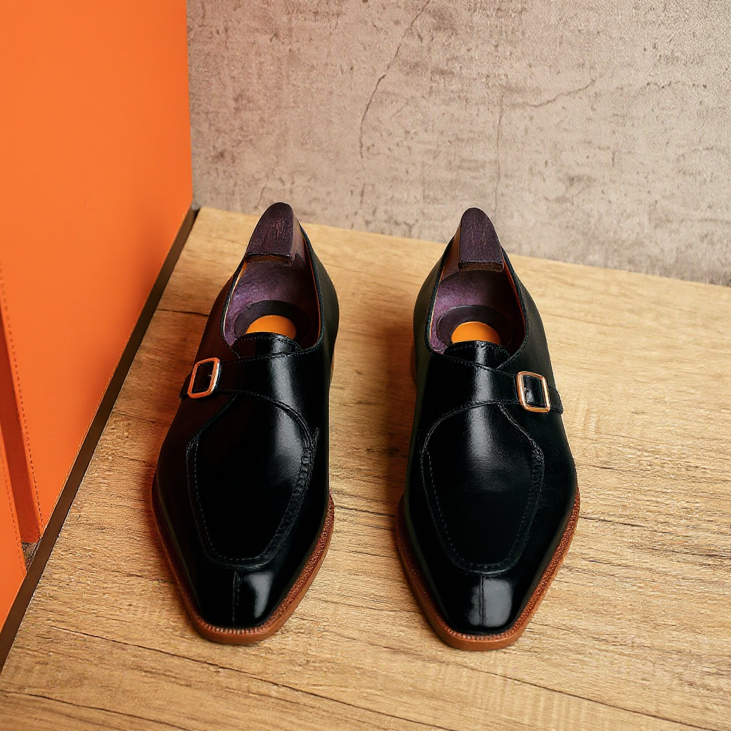 Black Leather Algarve Single Monk Straps - AW24