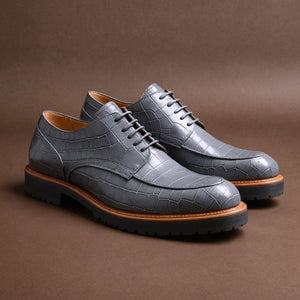 Grey Croc Print Leather Orion Chunky Derby Shoes - SS23