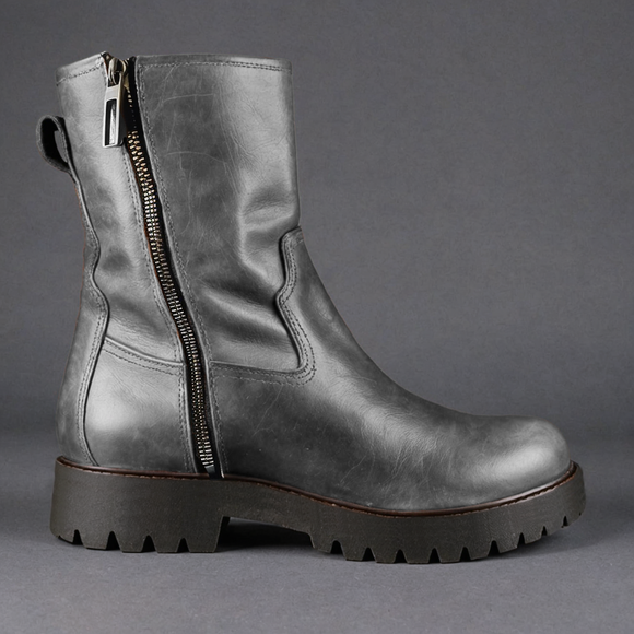 Grey Leather Massimiliano With Thick Sole Zipper Boots