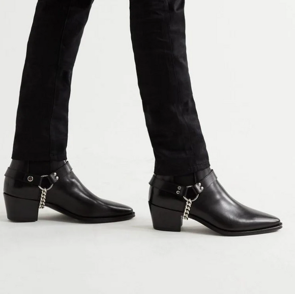 HEIGHT INCREASING BLACK LEATHER HELIOS HARNESS CHELSEA BOOTS WITH CHAINS - AW24