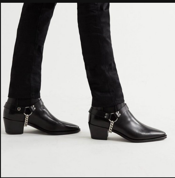 Black Leather Helios Harness Chelsea Boots with Chains - AW24