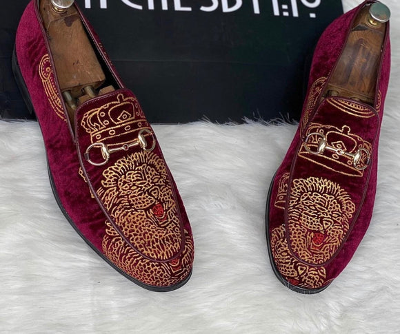 Red Velvet Embroidery Work Peshawari Loafers | Wedding Shoes for Groom | Shoes for Haldi Mehendi Sangeet