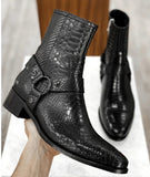 Black Croc/Python/Snake Animal Print Leather Alessia Slip On Zipper Harness Boots for Men