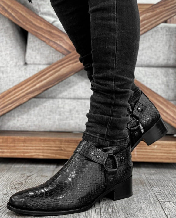 Black Croc/Python/Snake Animal Print Leather Alessia Slip On Zipper Harness Boots for Men