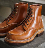 Tan Leather Lace-Up Step Steeds Moc Toe Boots - Hiking and Trekking Boots