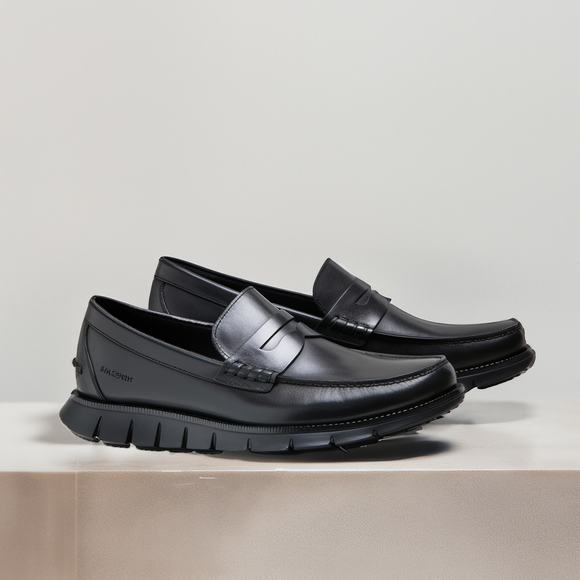 Height Increasing Black Leather Evarado Penny Loafers with Black Hybrid Sole - SS23