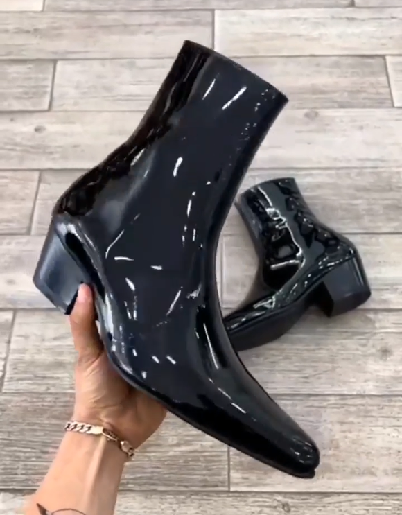 Height Increasing Black Patent Leather Ondine Slip On Pointed Zipper Boots for Men