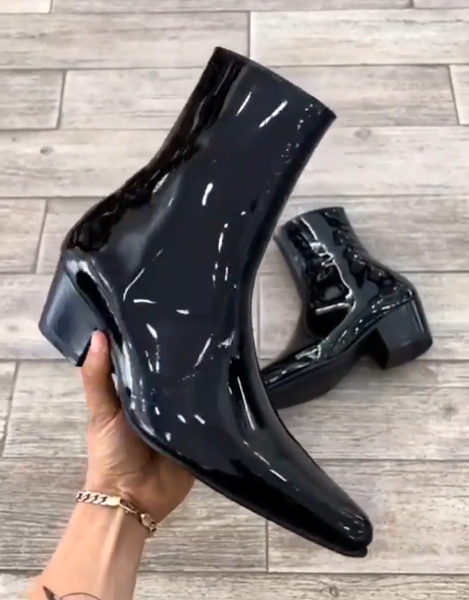 Height Increasing Black Patent Leather Ondine Slip On Pointed Zipper Boots  for Men