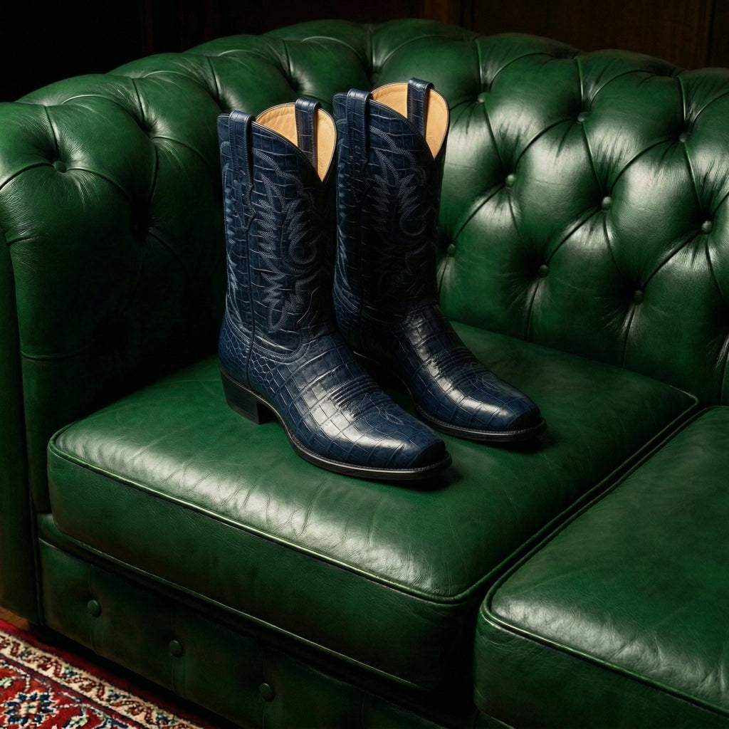 Navy Blue Croc Print Leather Lucente Cowboy Boot