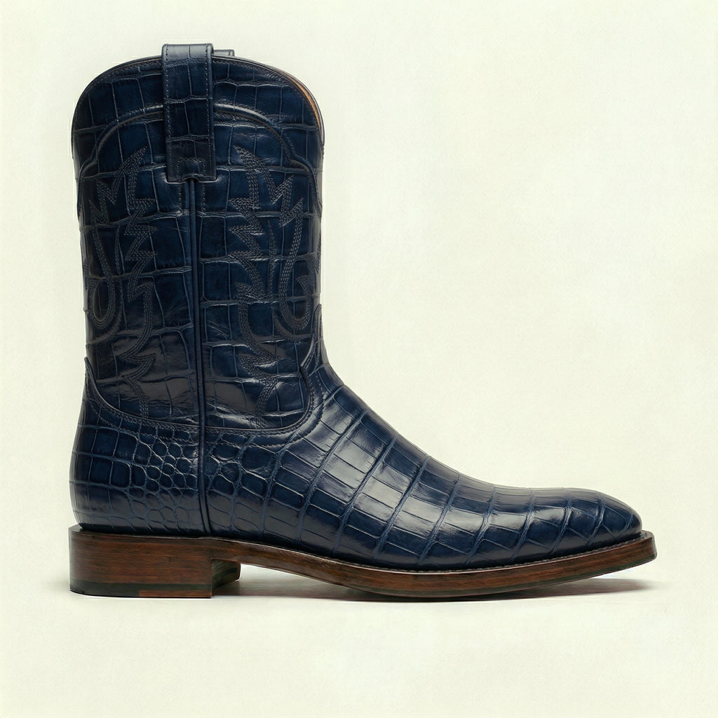 Navy Blue Croc Print Leather Lucente Cowboy Boot