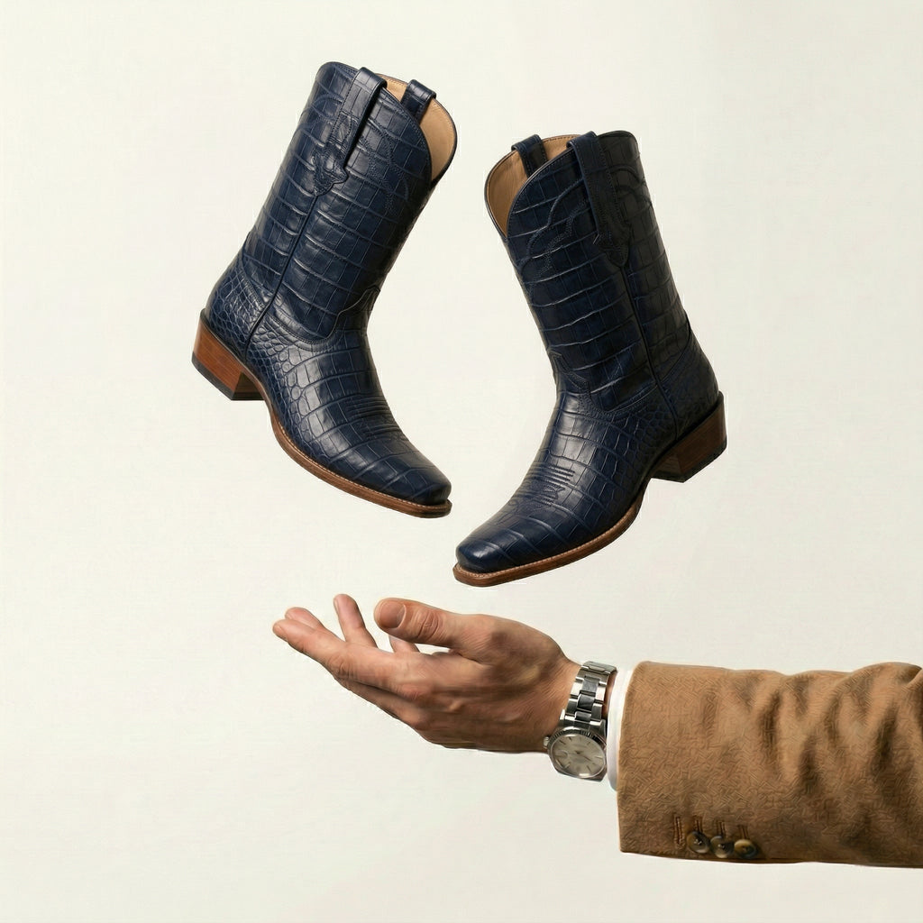 Navy Blue Croc Print Leather Lucente Cowboy Boot