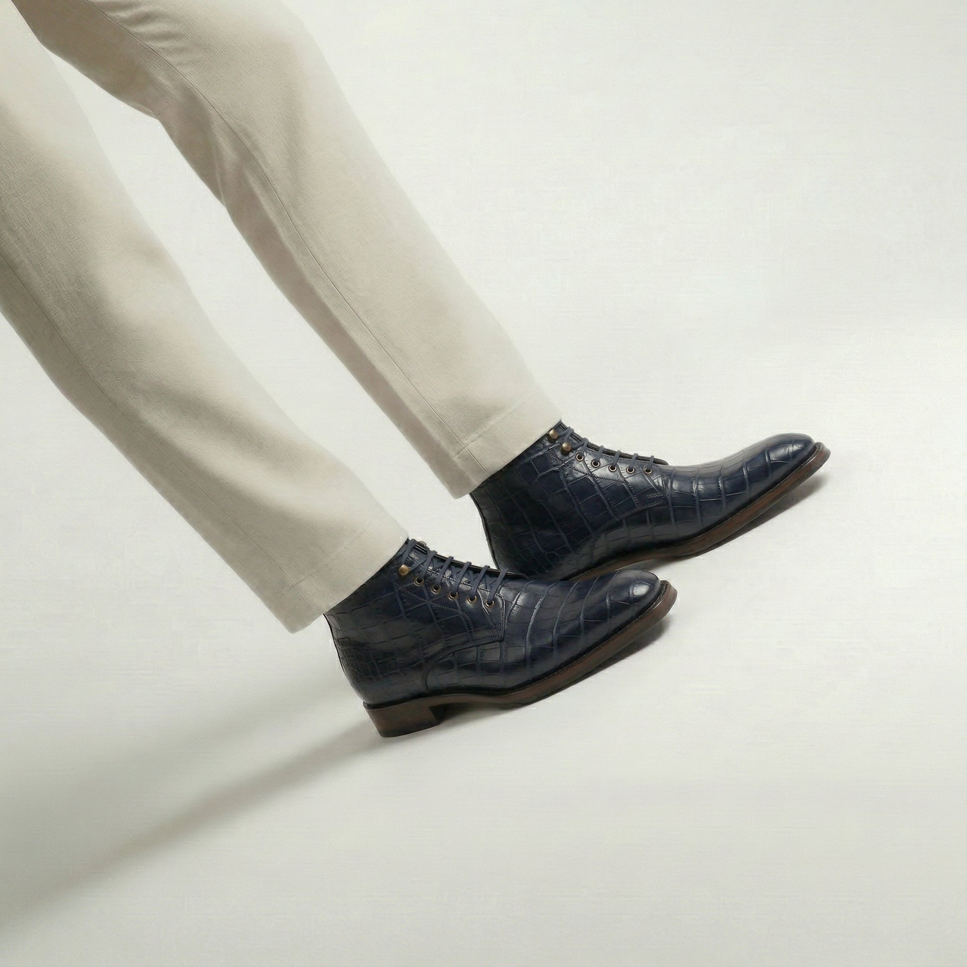 Navy Blue Croc Print Leather Lucente Derby Boot