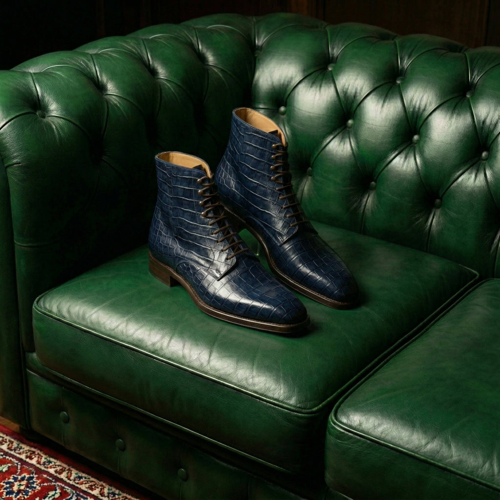 Navy Blue Croc Print Leather Lucente Derby Boot