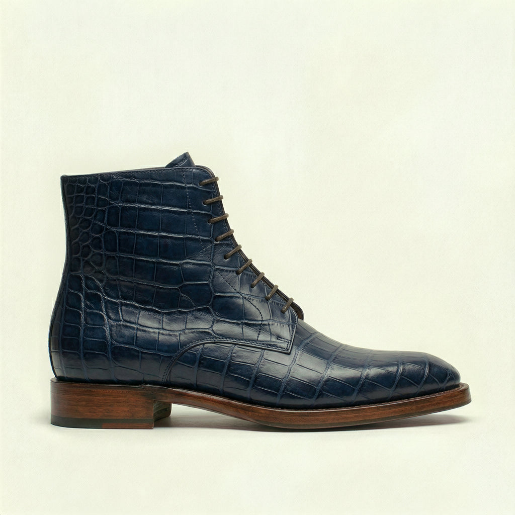 Navy Blue Croc Print Leather Lucente Derby Boot
