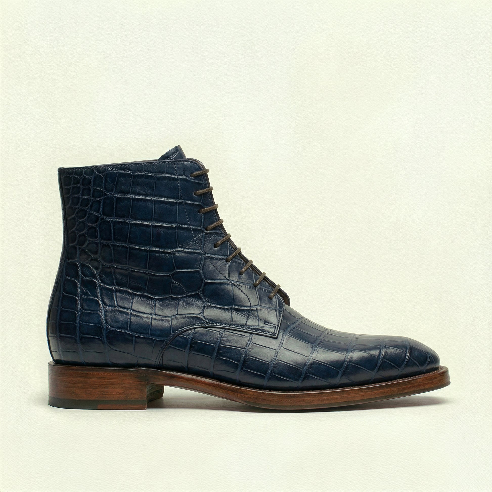 Navy Blue Croc Print Leather Lucente Derby Boot