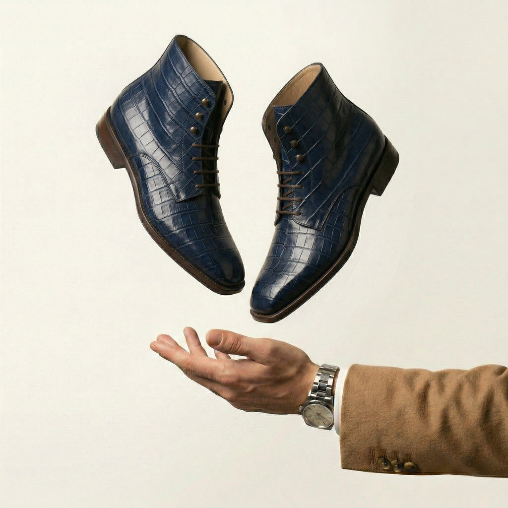 Navy Blue Croc Print Leather Lucente Derby Boot