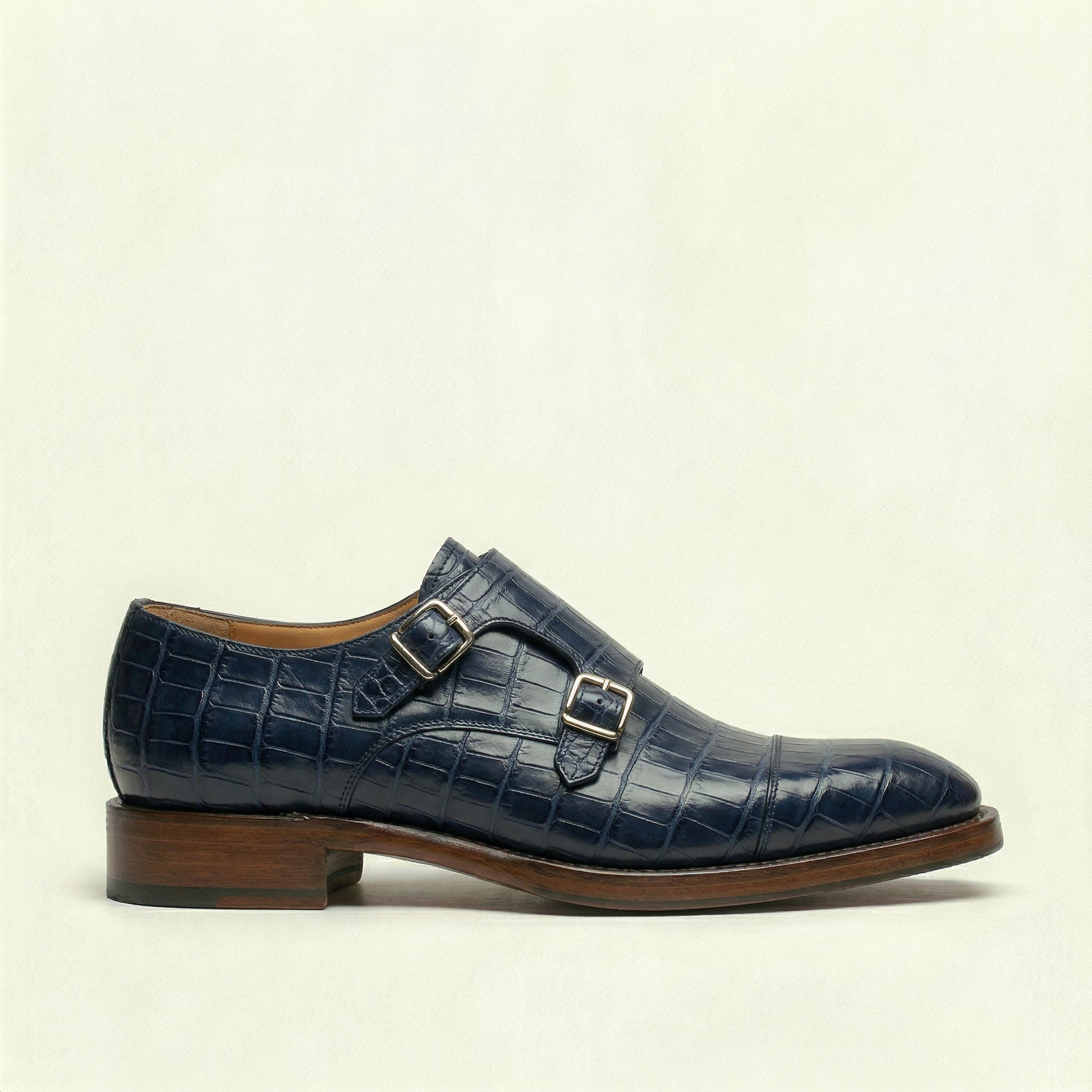 Navy Blue Croc Print Leather Lucente Double Monk Strap Shoe
