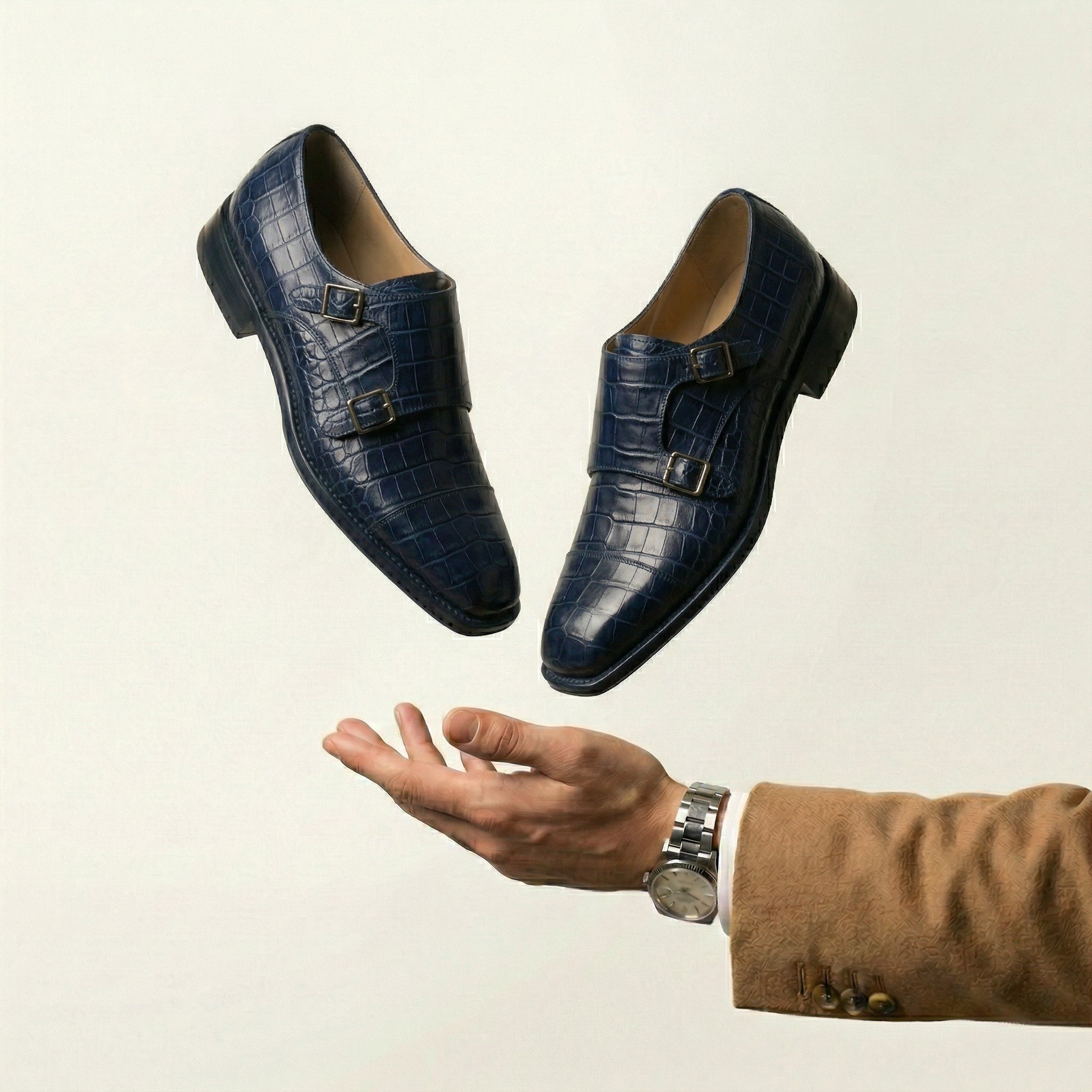 Navy Blue Croc Print Leather Lucente Double Monk Strap Shoe