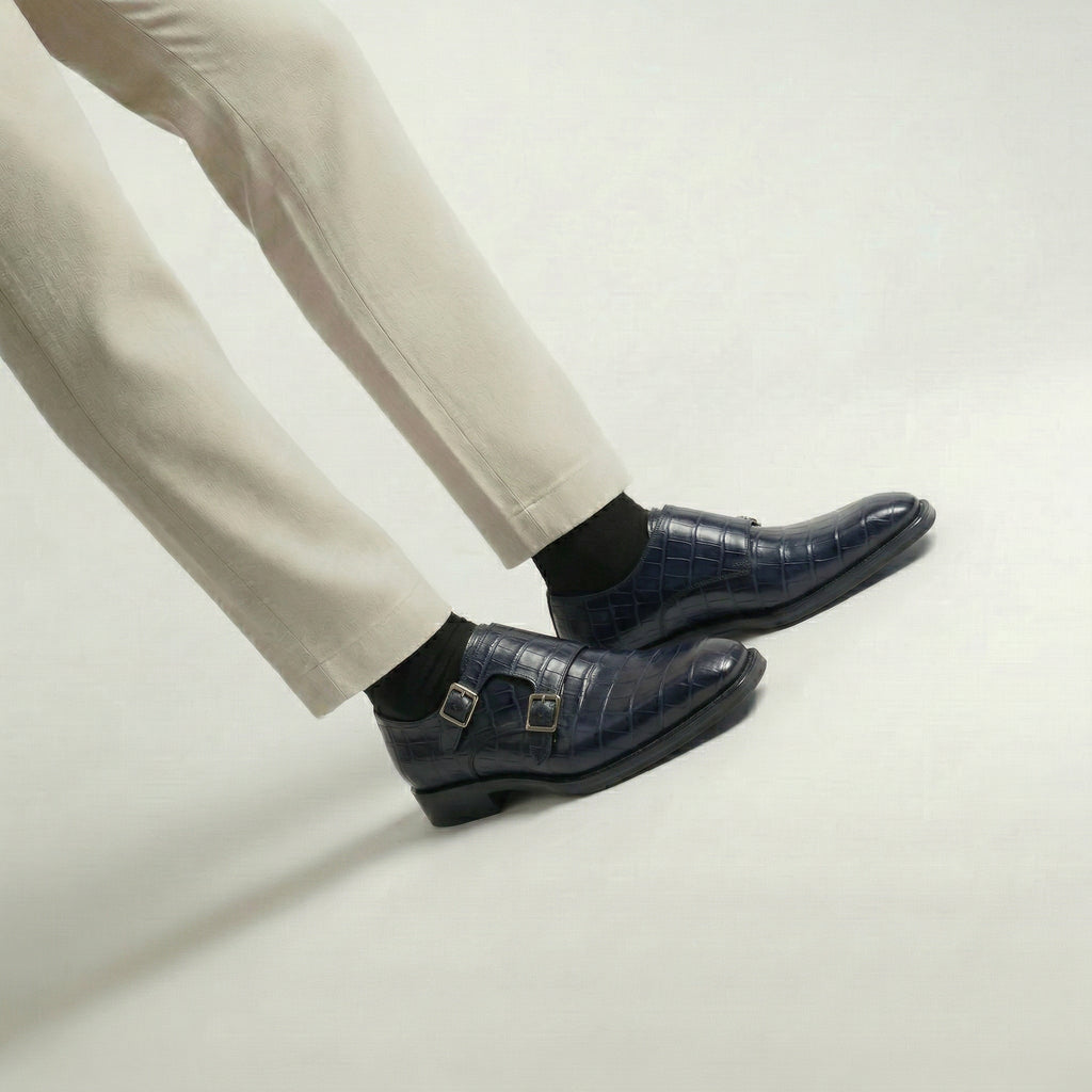 Navy Blue Croc Print Leather Lucente Double Monk Strap Shoe