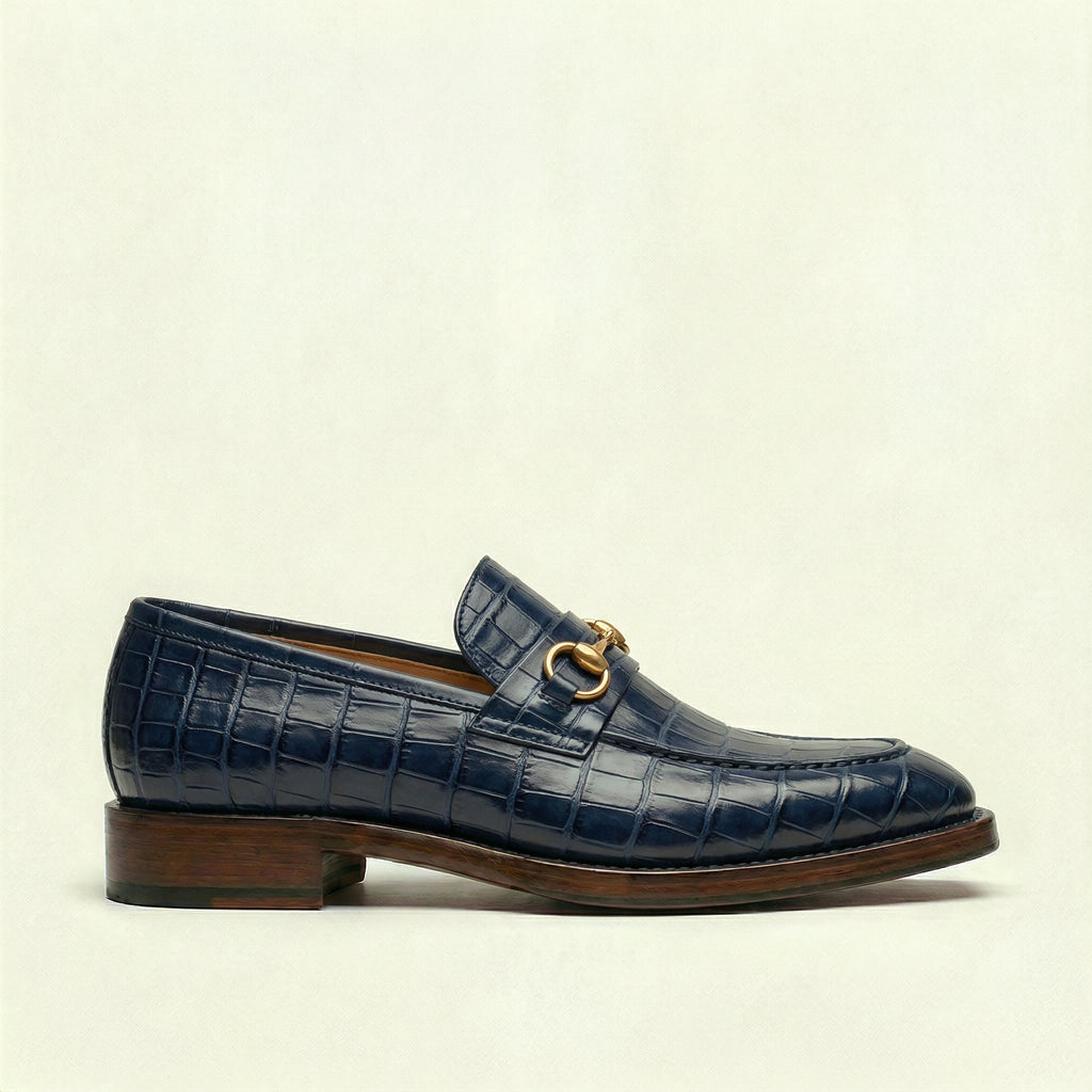 Navy Blue Croc Print Leather Lucente Horse Bit Loafer