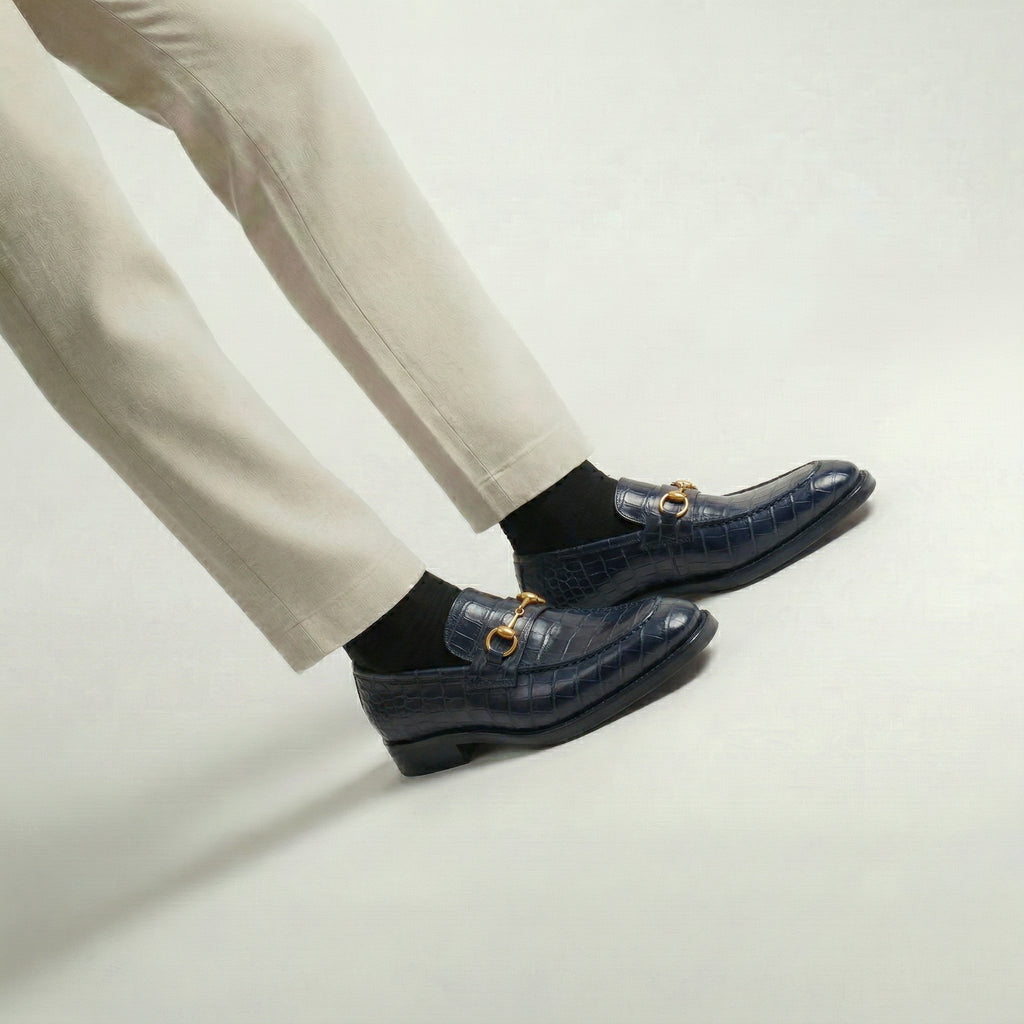 Navy Blue Croc Print Leather Lucente Horse Bit Loafer