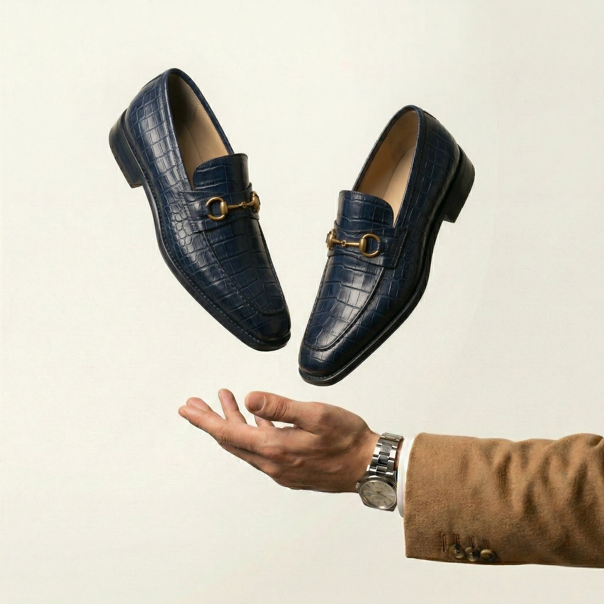 Navy Blue Croc Print Leather Lucente Horse Bit Loafer